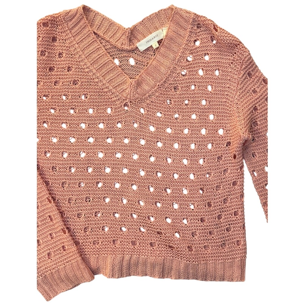 Inhabit Delicate Linen Open Knit V-Neck Sweater Size S Pink